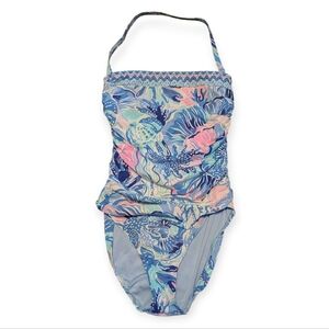 Lilly Pulitzer Women's Justina One-Piece Swimsuit Blue Halter Tropical Coral 8